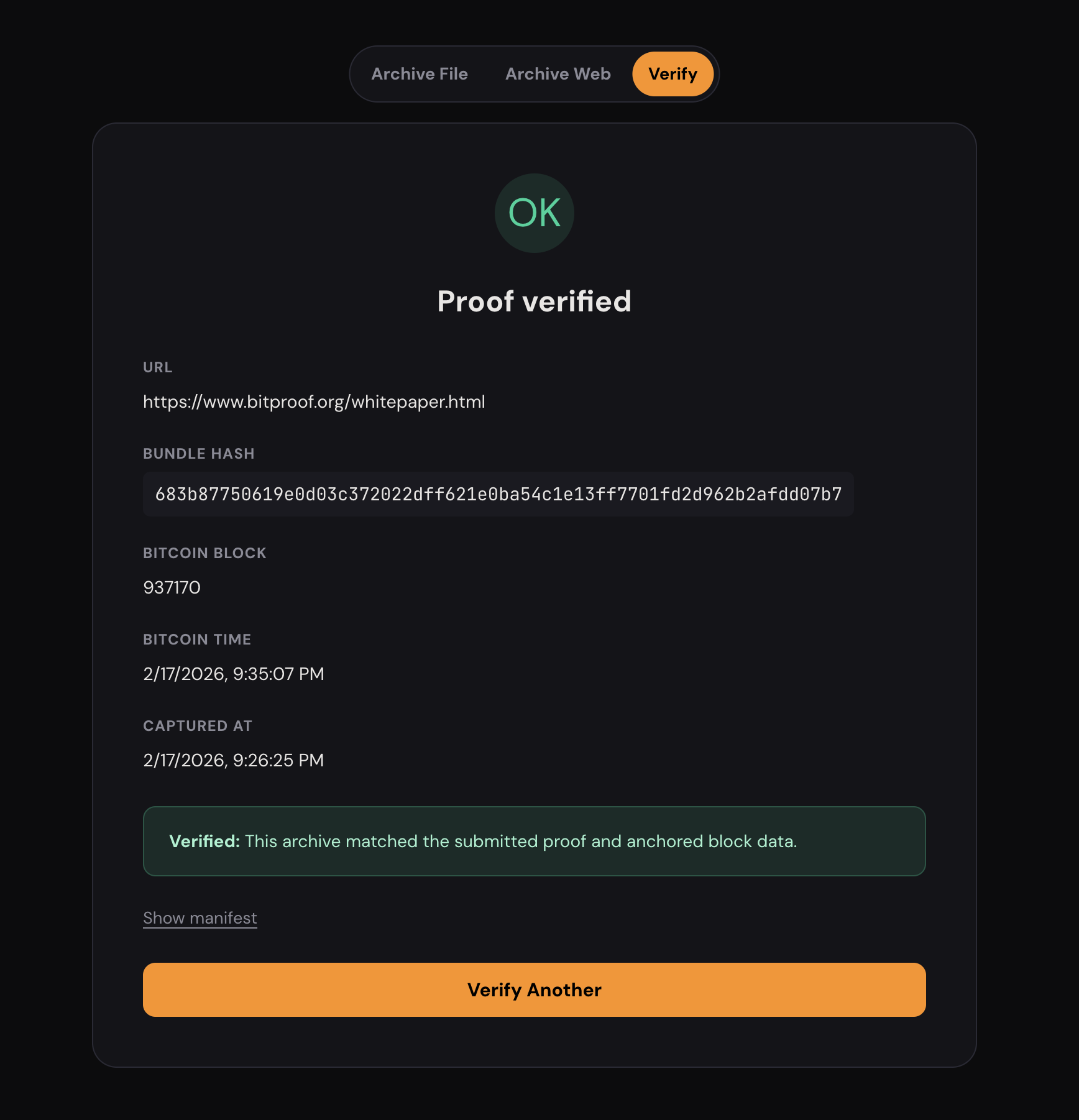 BitProof verification screen showing a confirmed example